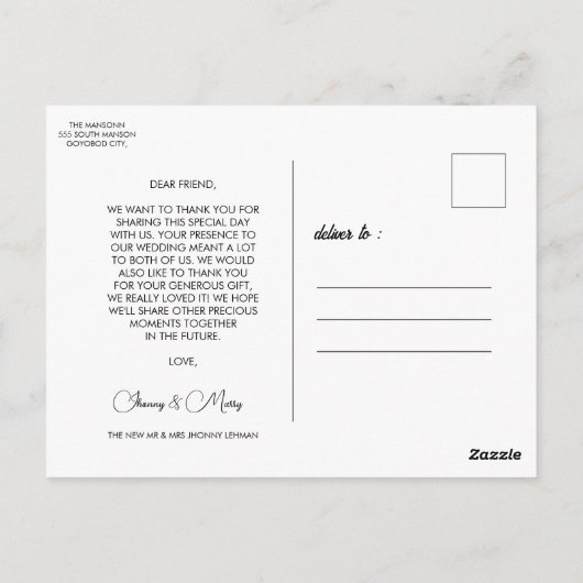 モダン写真の結婚ポストカード ポストカード (裏面)