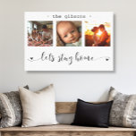 モダン写真コラージュLet's Stay Home キャンバスプリント<br><div class="desc">この素晴らしキャンバスの壁アートは、心のこもったメッセージ「Let's Stay Home」で飾られた、大切な思い出を展示する美しい3フレームのフォトコラージュを特徴としている。 白黒のエレガントデザインと絶妙な脚本とプリントタイポグラフィを組み合わせ、インテリアスタイルを補完する洗練された永続的な作品を作り出す。あなたの家族の名前でそれをパーソナライズしなさい。Simple Farmhouse Pressによって作成。</div>