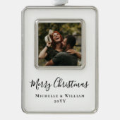 モダン写真ミニマルクリスマススクリプト白 シルバープレートフレームオーナメント (正面)