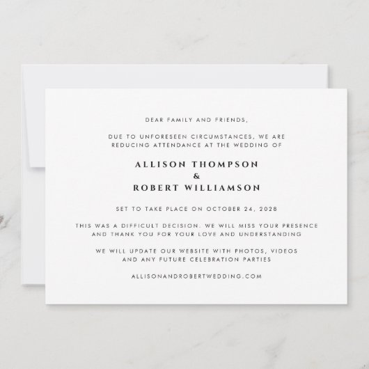 モダン写真ミニマル我々は我々のサイズを縮小して結婚いる 案内状 (裏面)