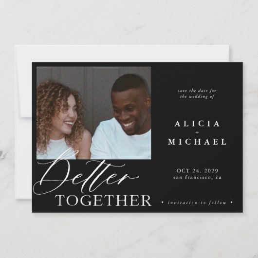 モダン写真ミニマル黒スクリプ結婚トchic's セーブザデート (正面)