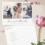 モダン写真数々のコラージュ結婚の感謝 ポストカード<br><div class="desc">シンプルにシックな3枚の写真結婚コラージュの感謝していあなたのハガキーのテンプレートは鮮明な外観モダンを特徴とする。このミニマル与えスなデザインは、あなたの下にある「愛と感謝」と暖かいtouchを持って、親密で親しみやすい下層の全てのスクリプお気に入りのトでリラックスす。この要素のデザインは変更できない。フロントのサンプル名を編集して自分の名前で置き換える場合は、別の外観を好む文字のフォントと色を変更することもできまもしす。私たちはあなたの名前のためのデフォルトの色としてグレーを選択した，上の黒い'愛と感謝'のメッセージと少しコントラストする。また、背面の文字のデフォルトとしてグレーのシェードを選択した。サンプル文字を背面に貼り付け、お客様のメッセージに合わせて置き換えることができたが、これに制限を受けてはいけませ感じん。サンプルもし文字を完全に削除し保て、バックを完全に削除し空白のて、代わりに各カードに手書きノートを書作成し、それを行うことができます。または、私たちの文字を感謝のメッセージと自分の閉じ込めのメッセージに置き換え、カードを受け取ったときに署名する。カードの両側にあるサンプル/プレースホルダ文字を削除する場合は必ず確認し、前面にある3つのプレースホルダ写真をすべて自分の写真に置き換えることを忘れないでください。デフォルトの紙タイプであるマットは、ソフトな暖かさを持ち、汚れに抵抗するため素晴らし、自分のメッセージに書対する選択である。これを編集し、代わりに半光沢を選択することができる。前面の背景は白で変更できない。背景を透明にし、紙の色を基調として使うようにした。これを編集し、希望の背景の色を選択すもしることができる。直感的なデザインツール、写真お気に入りのやインスピレーションを使用して、独自のデザインを作成！また、フラットカー結婚ドと折り畳みカー感謝していドのバージョンのこのデザインを含む私たちのコレクションを見てエレガントも、より簡単にサンキューカードのモチーフを探して下さい！</div>