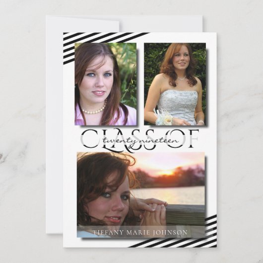 モダン写真黒ストライプ人卒業会 招待状 (正面)