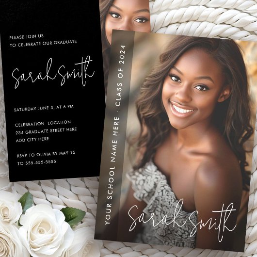 モダン写真黒卒業パーティー 招待状