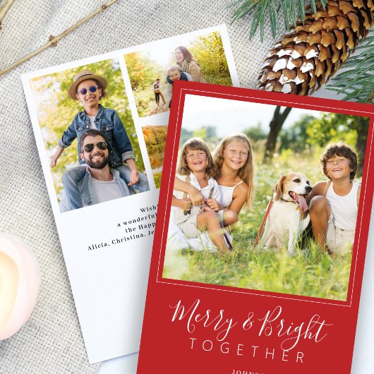 モダン写真4枚とメリー鮮やかな赤のクリスマス シーズンカード