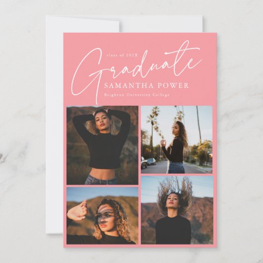 モダン写真4枚ピンクの卒業発表 案内状 (正面)
