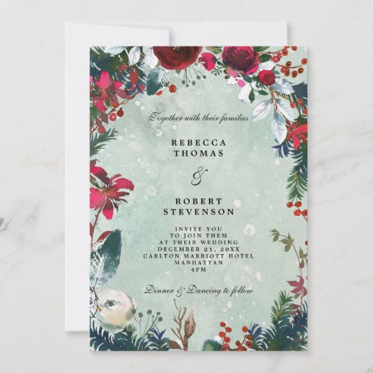 モダン冬のウェディング赤花模様雪 招待状 (正面)