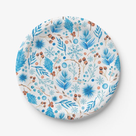 モダン冬の水の色葉のと果実 ペーパープレート (正面)