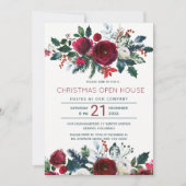 モダン冬の赤い花クリスマスのオープンハウス 招待状 (正面)