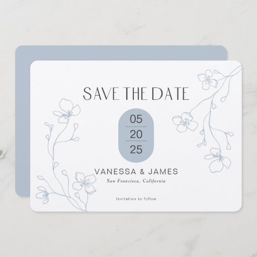 モダン冬ほこりっぽい青フローラ庭園の結婚式 セーブザデート (正面/裏面)