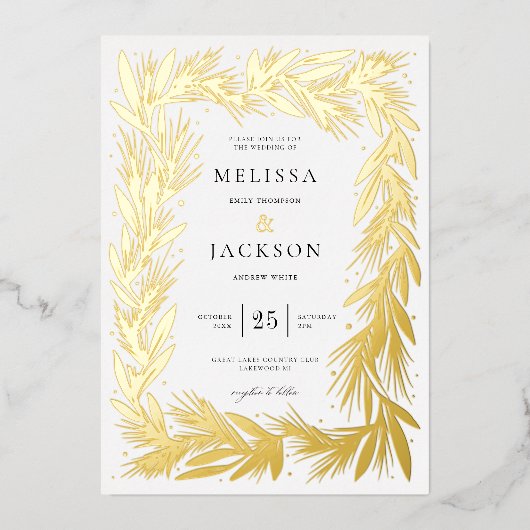 モダン冬リースフレ結婚ーム 箔招待状 (正面)