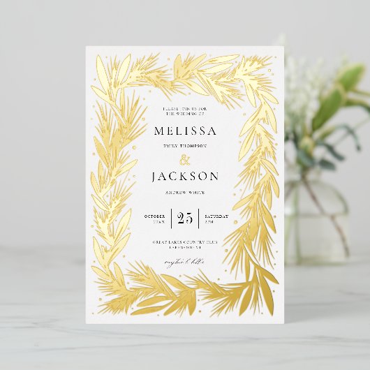 モダン冬リースフレ結婚ーム 箔招待状 (立ち正面)