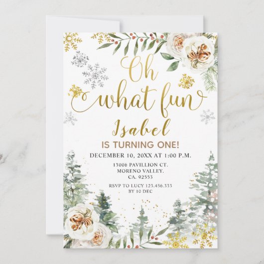 モダン冬Oh何おもしろい最初の誕生日 招待状 (正面)