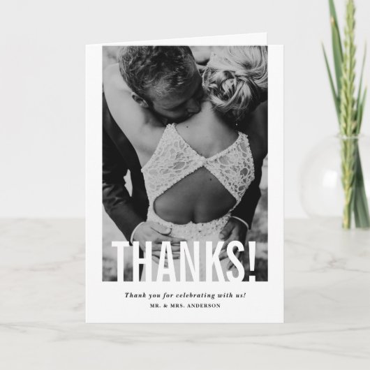 モダン切り出しオーバーレイ縦型結婚写真 サンキューカード (正面)