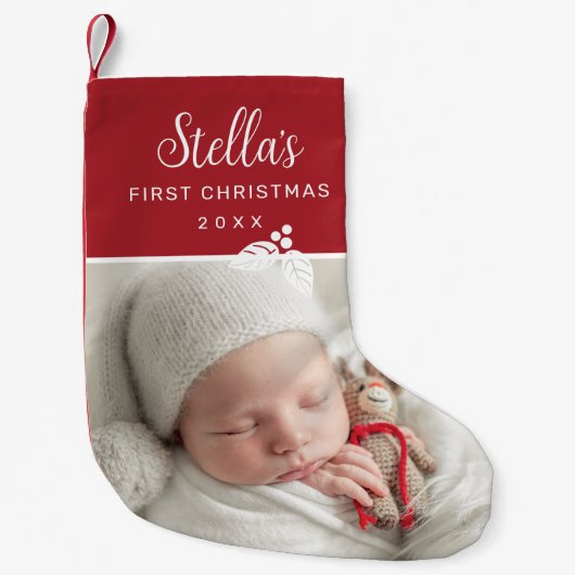 モダン初めてのクリスマスの写パーソナライズされた真 スモールクリスマスストッキング (正面)