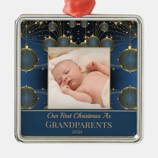 モダン初めてのクリスマスの青パターン メタルオーナメント (正面)