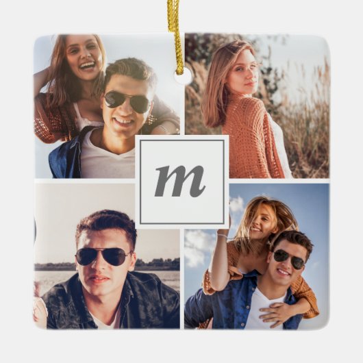 モダン初めてのクリスマス婚約したカップル写真 セラミックオーナメント (正面)