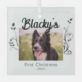 モダン初めてのクリスマス子犬の葉の赤い写真 ガラスオーナメント (正面)