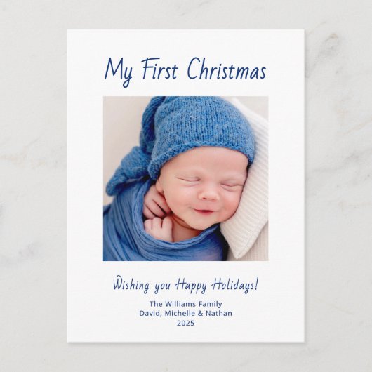 モダン初めてのクリスマス男の赤ちゃん写真かわいい シーズンポストカード (正面)