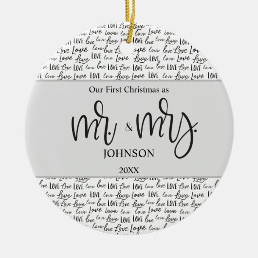 モダン初めてのクリスマス結婚したは贈り結婚物を愛する セラミックオーナメント (正面)