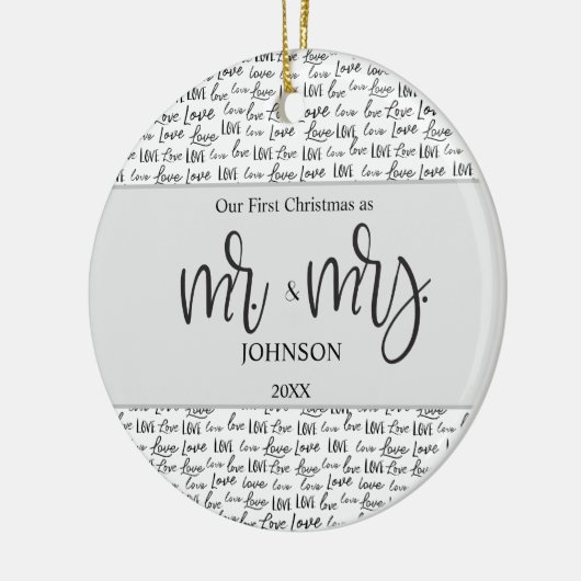 モダン初めてのクリスマス結婚したは贈り結婚物を愛する セラミックオーナメント (左)