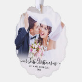 モダン初めてのクリスマス結婚した2写真クリスマス オーナメントカード (左)