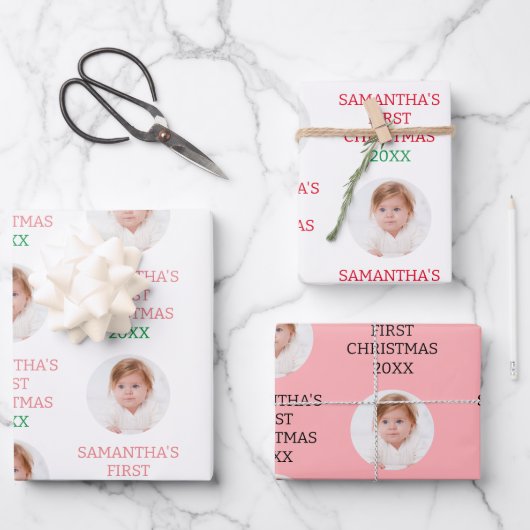 モダン初めてのクリスマス1番目のクリスマスベビー文字ピンク ラッピングペーパーシート (正面)