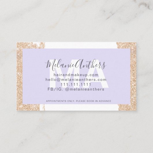 モダン化粧ヘア金ゴールドグリッターラベンダーフレーム 名刺 (裏面)