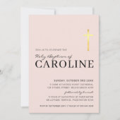 モダン十字聖バプテスマミニマルベビーピンク金ゴールド 招待状 (正面)