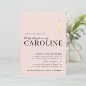 モダン十字聖バプテスマミニマルベビーピンク金ゴールド 招待状 (スタンド正面)