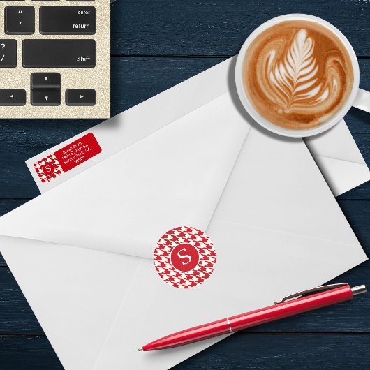 モダン千鳥格子のさくらんぼレッド&ホワイトモノグラム ラウンドシール