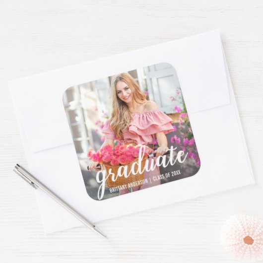 モダン卒業かわいらし発表写真 スクエアシール (封筒)