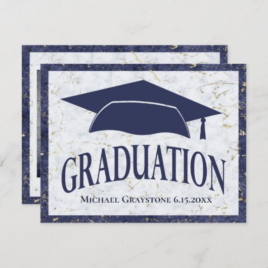 モダン卒業エレガント大理石ブルーホワイト写真 案内状 (正面/裏面)