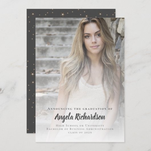 モダン卒業スエレガントクリプトタイポグラフィ 案内状 (正面/裏面)