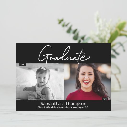 モダン卒業スクリプト Then and Now 卒業写真 案内状 (スタンド正面)