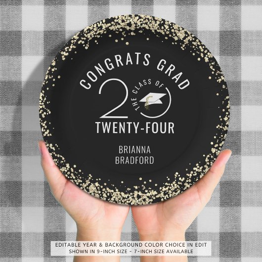 モダン卒業ブラックフェイク金ゴールドグリッター ペーパープレート