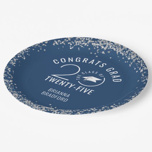 モダン卒業ブルーフェイクシルバーグリッター ペーパープレート (アングル)