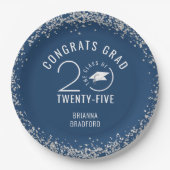 モダン卒業ブルーフェイクシルバーグリッター ペーパープレート (正面)