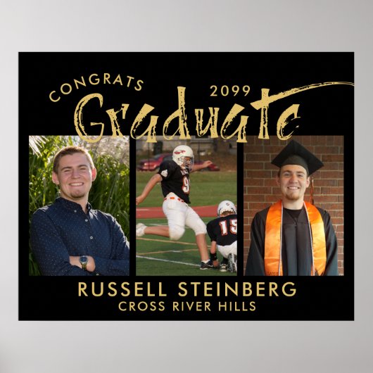 モダン卒業写真3枚金ゴールドブラシタイポグラフィ ポスター (正面)