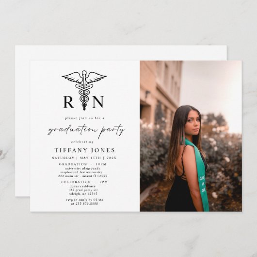 モダン卒業写真RNナース卒業パーティー 招待状 (正面/裏面)