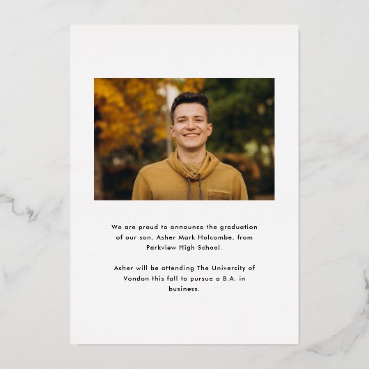 モダン卒業生のシンプル写真卒業 箔招待状 (裏面)