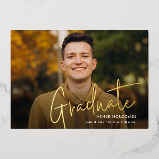 モダン卒業生のシンプル写真卒業 箔招待状 (正面)