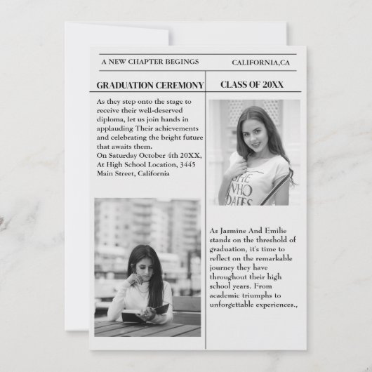 モダン双子の卒業新聞高校 招待状 (裏面)