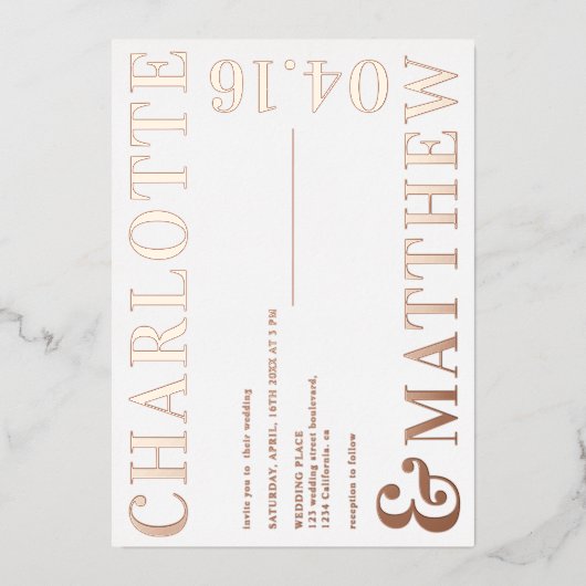 モダン名はっきりした白写真のバラ結婚金ゴールド 箔招待状 (正面)