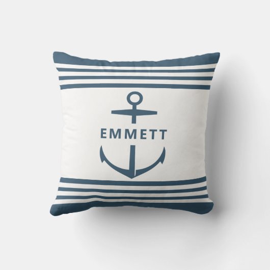 モダン名前をカスタムするブルーいかり航海の子供部屋 クッション (裏面)