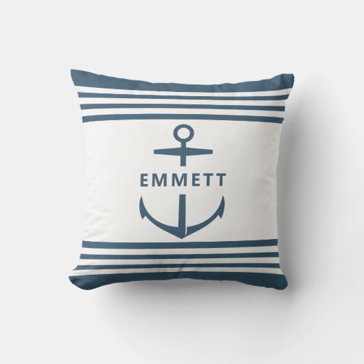 モダン名前をカスタムするブルーいかり航海の子供部屋 クッション (正面)