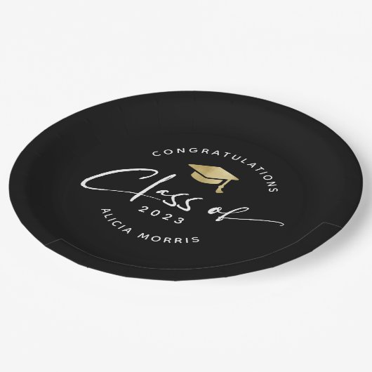 モダン名前をカスタムする卒業トレンディースクリプト金ゴールド ペーパープレート (アングル)