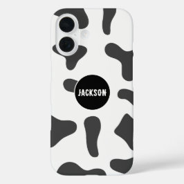 モダン名前をカスタムする牛プリント白黒 iPhone 16ケース