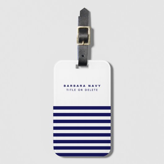 モダン名前をカスタムする航海のネイビーブルーストライプ ラゲッジタグ (正面縦)