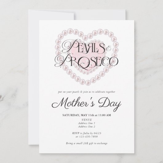 モダン名門私立校風の真珠とプロセッコ母の日パーティー 招待状 (正面)